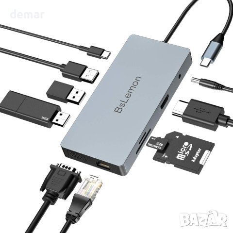 BsLemon USB C HUB, 10 в 1 USB C адаптер с 4K-HDMI, VGA, USB 3.0 порт, Type C PD, RJ45, SD/TF