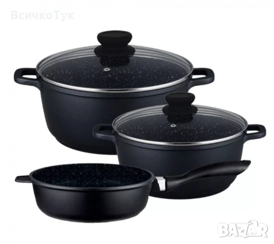 ✨Комплект тенджери и тиган ZEPHYR ZP 4318 M5, 5 части, Мраморно покритие, Индукция, Черен 