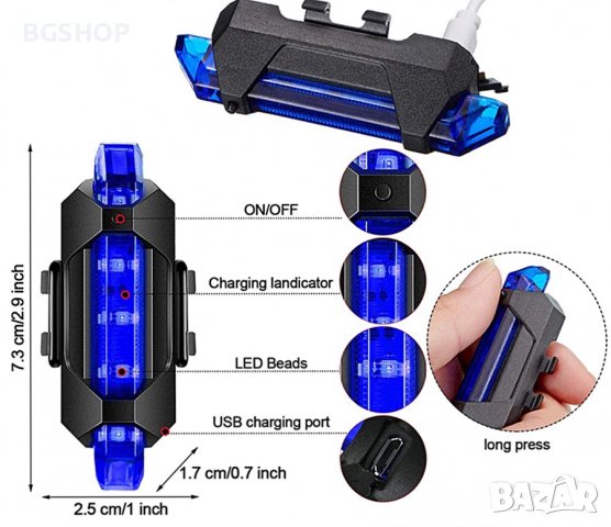 Светлоотразител за Велосипед , колело LED - USB Стоп , Фенер - Blue, снимка 2 - Аксесоари за велосипеди - 39367729