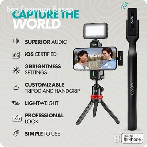 Нов iPhone Влогинг Комплект с Двоен Безжичен Микрофон и LED, снимка 7 - Друга електроника - 43298573