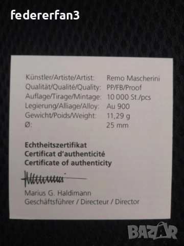 50 CHF Роджър Федерер 2020, златна монета, снимка 4 - Нумизматика и бонистика - 52670511