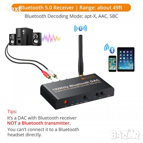 Цифров към аналогов аудио конвертор DAC/ДАК с Bluetooth/блутут + дистанционно, снимка 5 - Други - 32940522