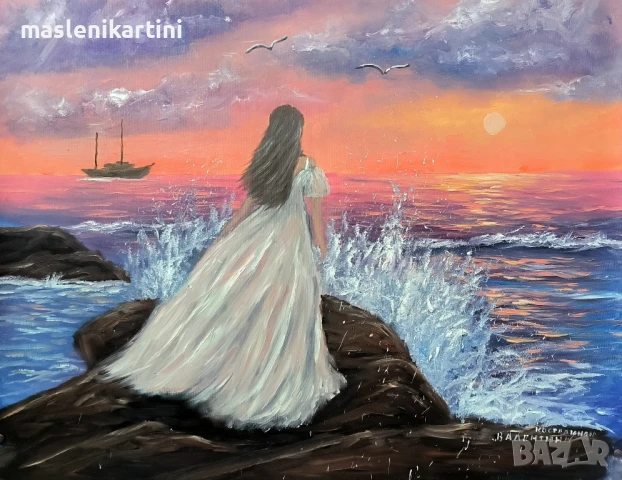 морски залез и жена маслена картина 