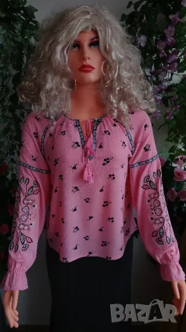 Луксозна розова дамска кенарена риза с бродирани ръкави., снимка 7 - Ризи - 47013180