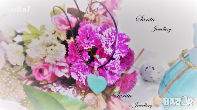 Дамско колие със сърце от тюркоаз и черна кожена верижка, снимка 3 - Колиета, медальони, синджири - 16486374