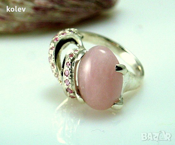 АВТОРСКИ Сребърен пръстен с РОЗОВ КВАРЦ и розови циркони/ размер 59-60, снимка 4 - Пръстени - 28507441