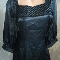 In wear M- Черна сатенена рокля с плетеница и буфон ръкав , снимка 2 - Рокли - 38189133