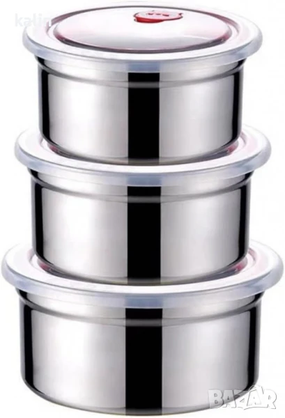 Комплект от три броя кутии за съхранение от неръждаема стомана с пластмасови капаци, снимка 1