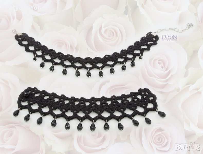 Ръчно плетен комплект бижута с кристали в черно, снимка 1