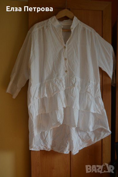 Бяла памучна банкетна риза с къдрици и 3/4 ръкав, снимка 1