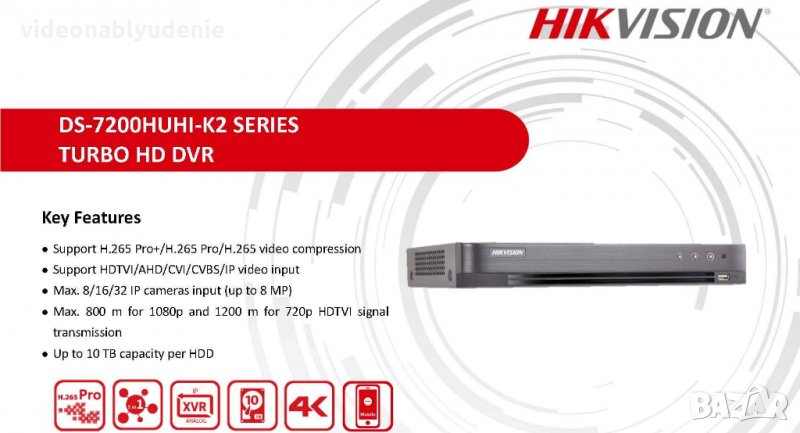 HIKVISION DS-7216HUHI-K2 4K DVR 16 Канала HD-TVI Камери до 8 MPX, AHD@5MP,CVI@4MP,H.265Pro+2SATAПорт, снимка 1