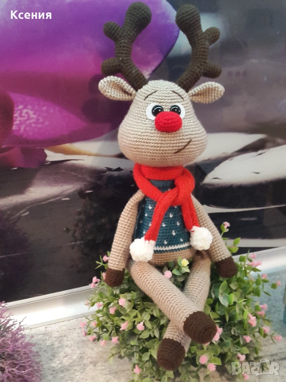 Подарък за Коледа. Елен /Ролли с шал/, Ръчно изработена, Плетена играчка, снимка 1