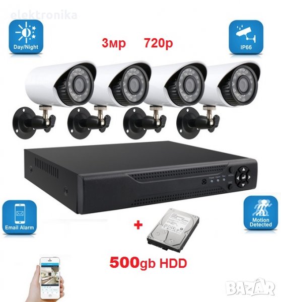 Пълен комплект - 500gb хард + камери + DVR + кабели - Видеонаблюдение Система, снимка 1