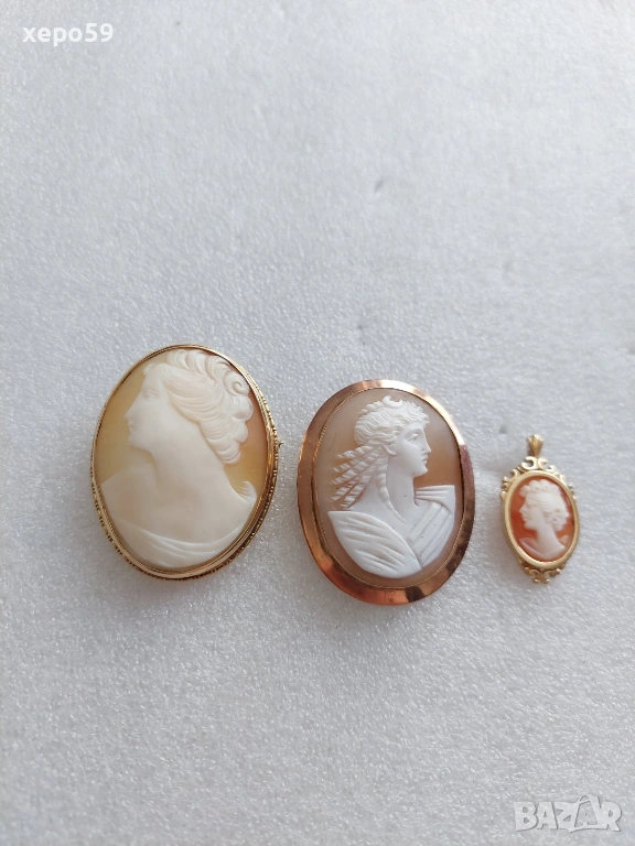 Три брошки камеи със златен обков-14 карата и 9 карата., снимка 1