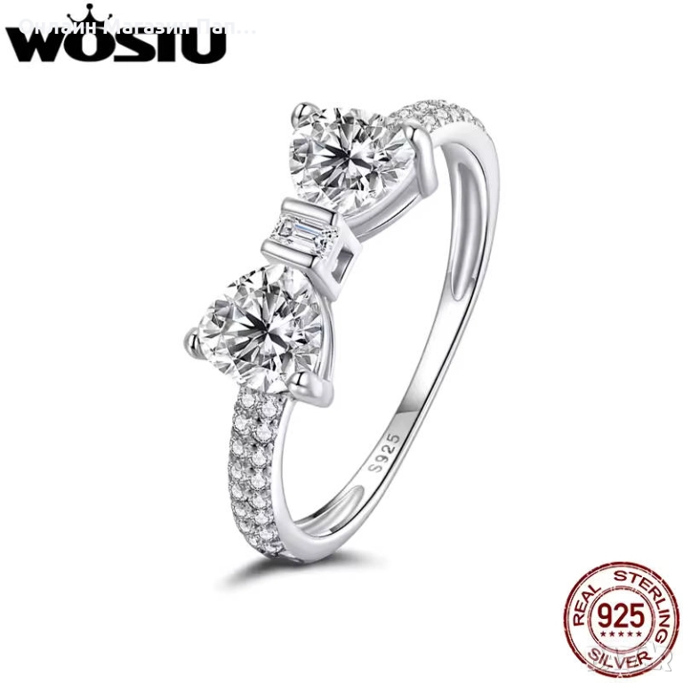 WOSTU Сребърен Пръстен 925 Панделка AAA Циркон. Позлатен с бяло злато. Сертификат, снимка 1