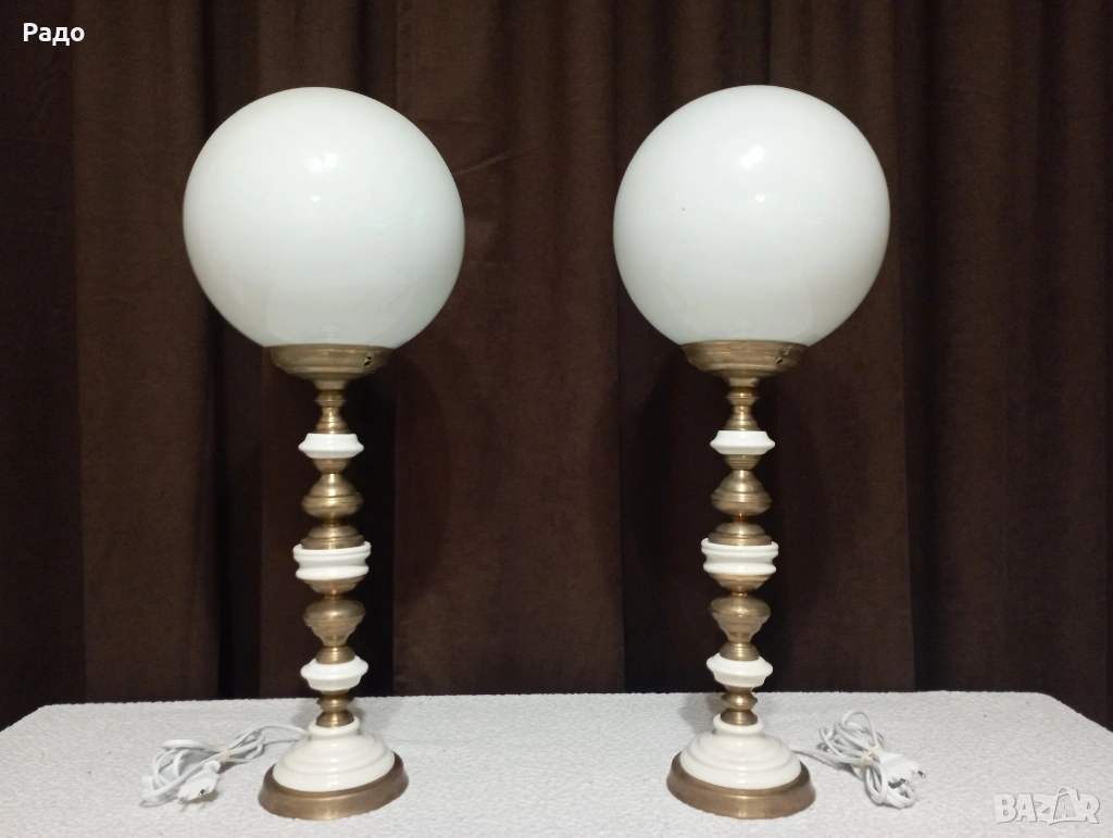 Комплект от две големи месингови порцеланови лампи - лампа, снимка 1