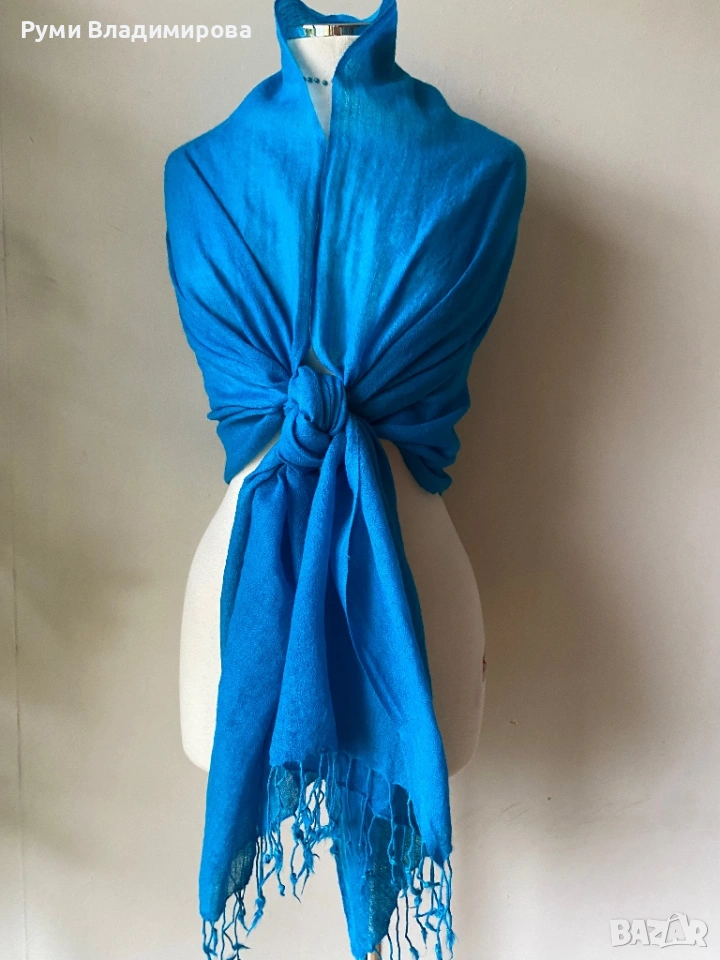 Син, тюркоазен шал от 100  % вълна, снимка 1