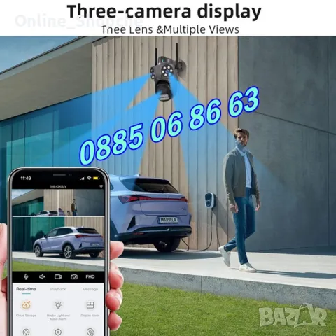 Безжична WiFi IP камера с 3 обектива 10MPx, нощно виждане, 360°, iCSee, микрофон, снимка 7 - IP камери - 50303550
