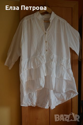 Бяла памучна банкетна риза с къдрици и 3/4 ръкав