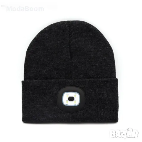 Плетена шапка със светещ челник по средата от LED светлини, снимка 3 - Шапки - 48619196