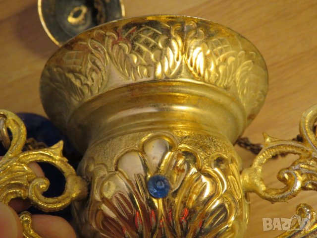 Старо кандило, голямо Старинно висящо бронзово кандило  със сини камъни -вис 40 см., снимка 4 - Други - 28271167