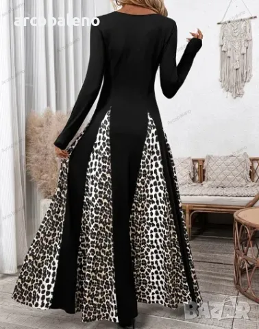 Ликвидация! Дамска рокля с леопардов принт с висока талия и дълъг ръкав - Доставка 24 часа , снимка 5 - Рокли - 50092534