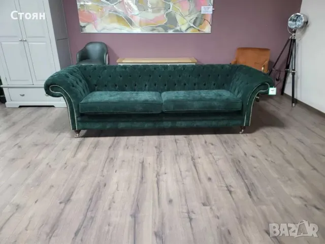 Голям зелен диван от плат Честърфийлд - четворка, снимка 8 - Дивани и мека мебел - 48286348