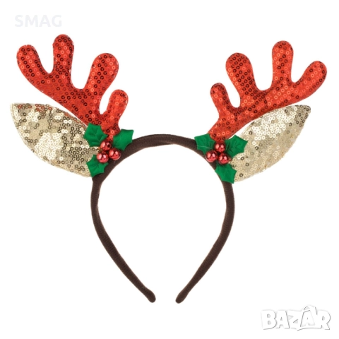 Коледна диадема с рога, червено-златни ушички с брокат_1242794