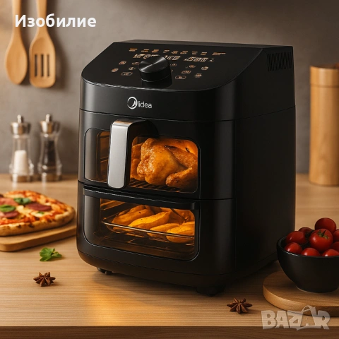 Еър Фрайър 2 в 1 - 11L - Midea MAD1100DADK - С две зони за готвене, 10 програми и 360° циркулация на