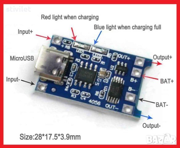 Контролер Литиева батерия Модул зареждане Платка за  5V 1A 18650 TP4056, снимка 3 - Друга електроника - 39460698
