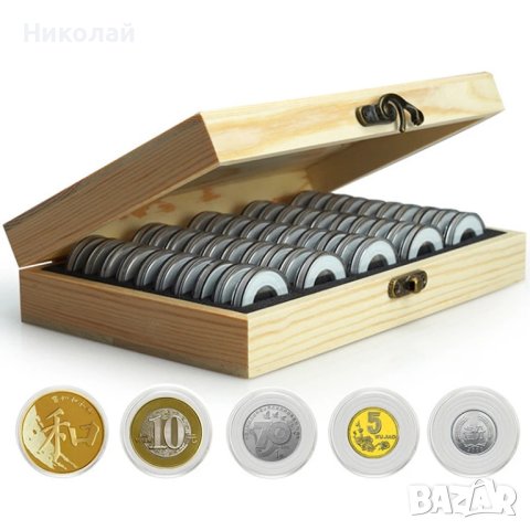 Дървена кутия за 50 монети + капсули + уплътнители за съхранение на монети , класьор , албум, снимка 2 - Нумизматика и бонистика - 43378979