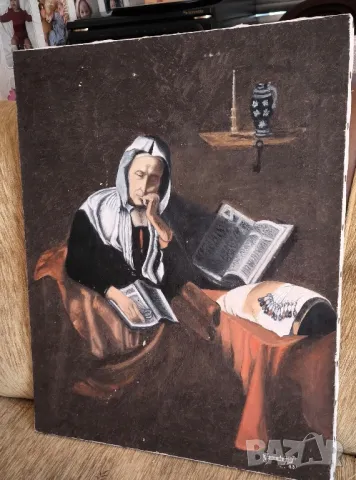 Маслена картина  Old woman sleeping, снимка 4 - Антикварни и старинни предмети - 47532763