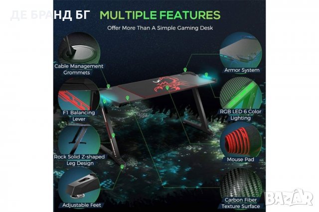 Геймърско бюро с RGB LED светлини ERK-Z60-B, снимка 3 - Бюра - 35565137