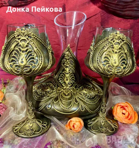 Сервиз за вино ръчна изработка в злато