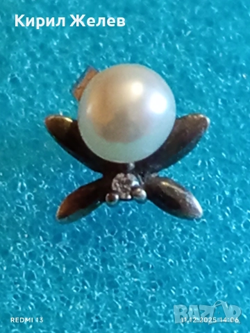 Винтидж сребърна обеца с флорален мотив и инкрустирана перла 50980, снимка 4 - Обеци - 52735533