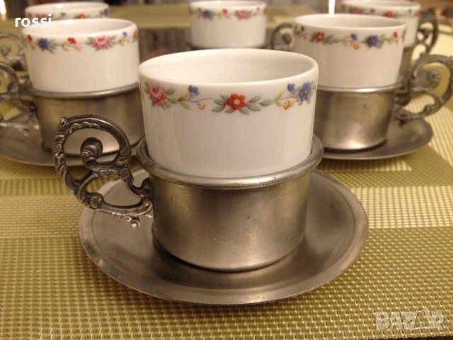Vintage. Нов. Немски калаен сервиз чаши с подстакани за кафе, ракия, греяна ракия