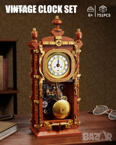 Комплект строителни блокчета - винтидж часовник с махало, функция за истински часовник, 751 части, снимка 2 - Образователни игри - 52303748