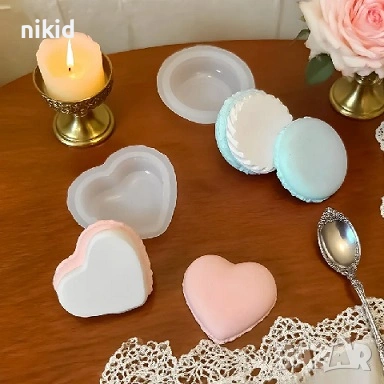 3D Макарон кръгъл или сърце 2 части силиконов молд форма фондан шоколад смола свещ гипс декор, снимка 6 - Форми - 53479900