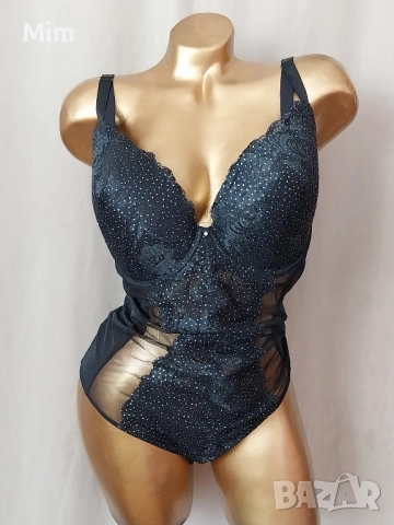 Gossard 80G Черно боди от еластичен прозрачен тюл и сребристи брокатени точки , снимка 2 - Бельо - 51794998