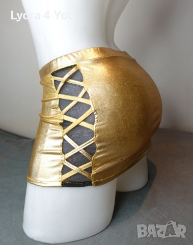 S/M къса златиста лачена пола с платки черен тюл странично, снимка 2 - Поли - 40162305