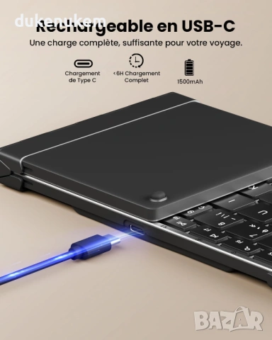 Сгъваема безжична Bluetooth клавиатура AZERTY, с подсветка и цифров блок, снимка 6 - Клавиатури и мишки - 53073469