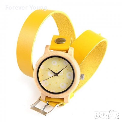 Дамски дървен часовник от бамбук с увиваща се каишка в жълто, снимка 2 - Дамски - 38287344