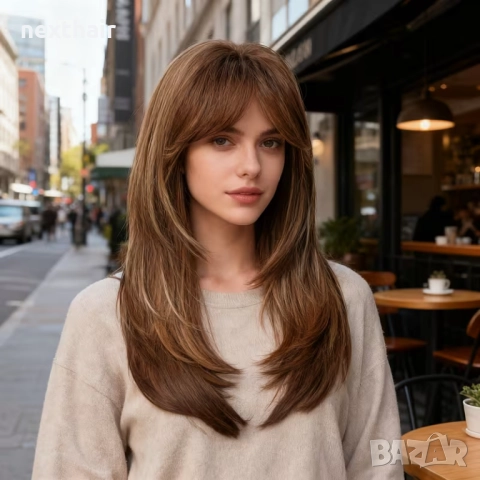 Кафява перука с фини руси кичури и дълъг бретон, снимка 4 - Аксесоари за коса - 52750532