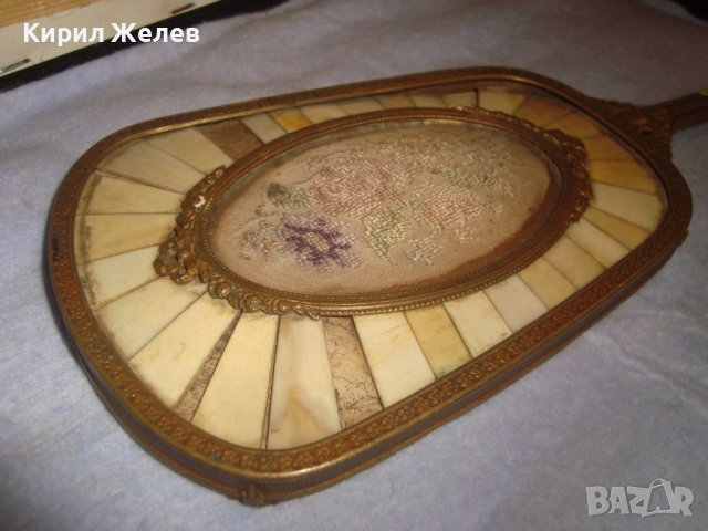 Ар НУВО ФРЕНСКО БРОНЗОВО АРИСТОКРАТИЧНО КРИСТАЛНО ОГЛЕДАЛО с РЪЧНА ВЕЗБА и ПЛОЧКИ СЛОНОВА КОСТ 21038, снимка 10 - Антикварни и старинни предмети - 38258153