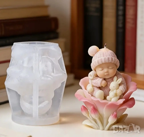 Молд бебе със зайче в цвете, снимка 3 - Форми - 53493796