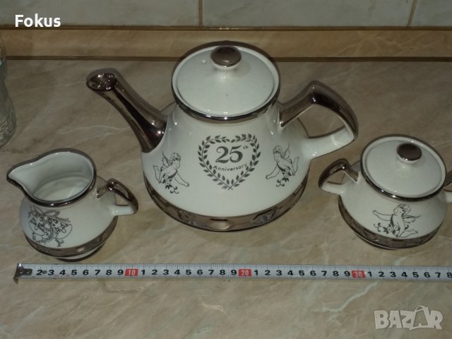 Английски порцелан сет за чай със сребърен кант, снимка 7 - Антикварни и старинни предмети - 43504569
