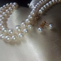 Перли със злато 18 и 14 карата/колие+обеци/, снимка 3 - Бижутерийни комплекти - 37051677