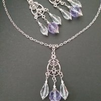 Разкошен комплект бижута с кристали и люляково лилаво с основа цвят сребро , снимка 3 - Бижутерийни комплекти - 32845752