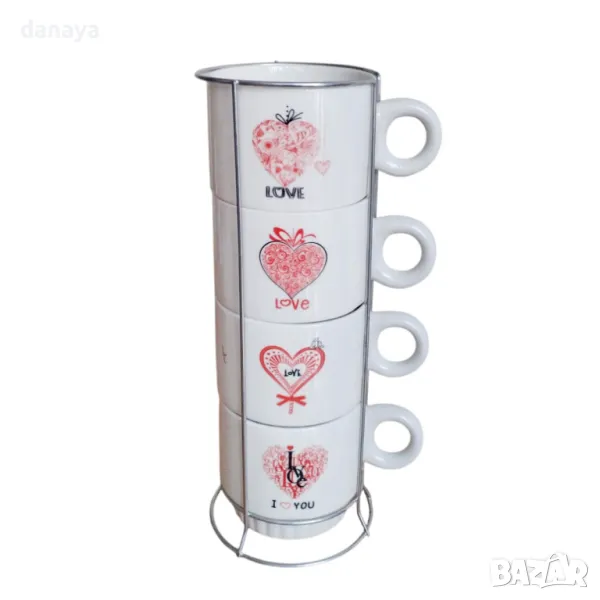5545 Комплект керамични чаши за кафе на метална стойка Love, снимка 1