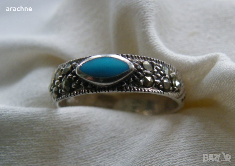 Сребърен пръстен с тюркоаз и марказити, снимка 1